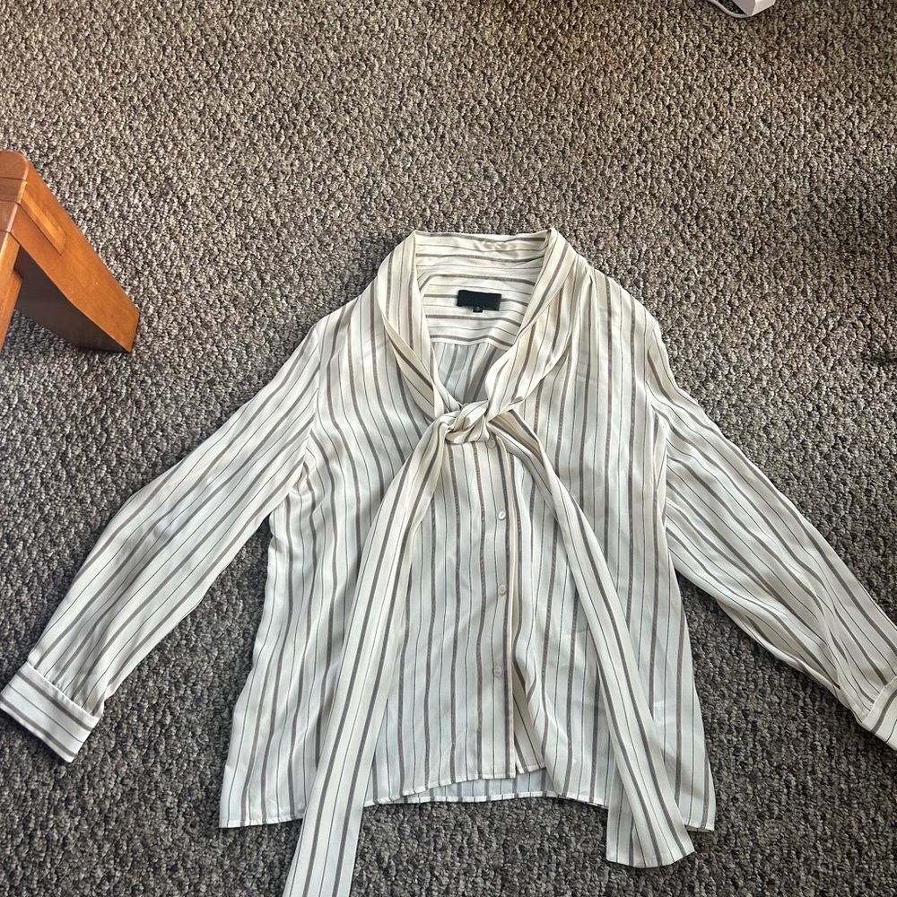 Nili Lotan Beige Striped Blouse with Tie Neck